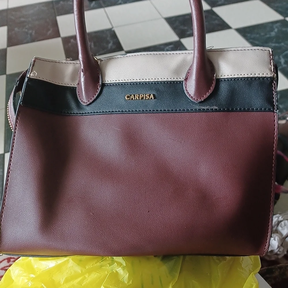Carpisa Italian handbag, Burgundy,  black, tan